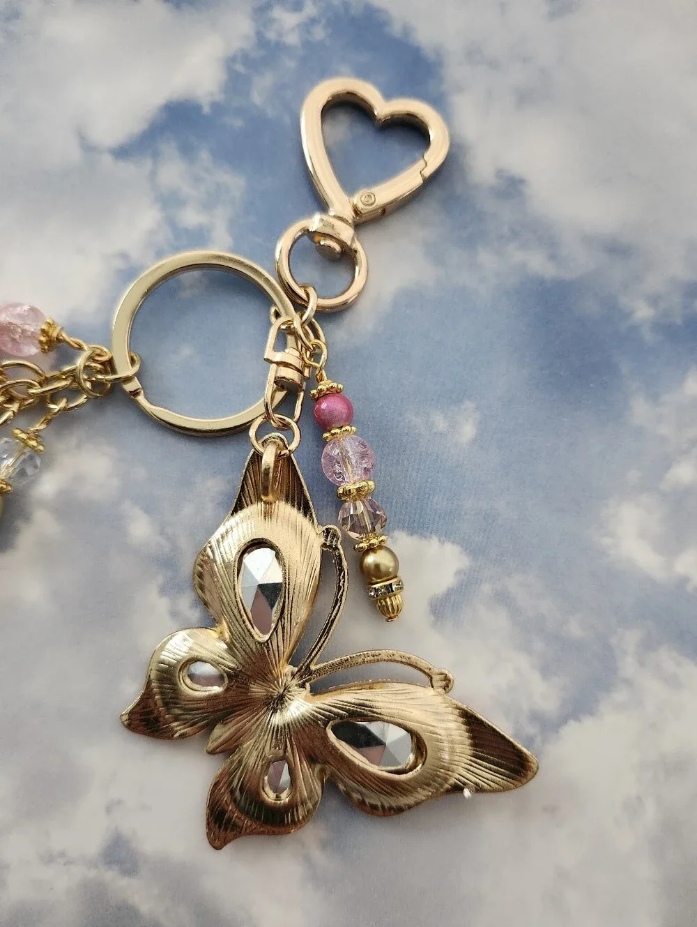 Butterfly Purse or Bag Charm Quartz Agate Handcrafted Pink Rhinestone